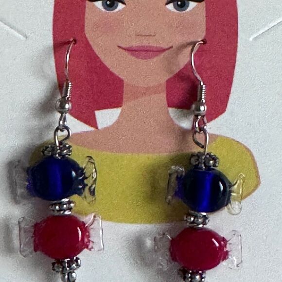 Red and Blue Lampwork .925 Sterling Earrings #317 - Picture 5 of 6